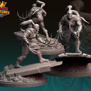 May include: A gray 3D printed miniature of a humanoid figure with sharp claws and a long ponytail. The figure is standing on a broken concrete base.