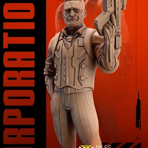 Könnte beinhalten: Eine 3D-gedruckte Miniaturfigur eines Cyborg-Sicherheitsbeamten, der eine futuristische Waffe hält. Die Figur trägt einen braunen Anzug und hat ein kybernetisches Auge und einen Metallkiefer. Der Hintergrund ist rot mit dem Text "CORPORATION" in Schwarz und "JUNE RELEASE" in Gelb.
