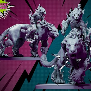 May include: A 3D printed miniature of a creature with a lion-like body and a human-like head with flames. The creature is riding a lion with flames. The miniature is painted in a light gray color.