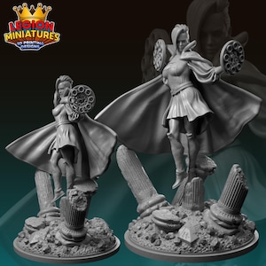 May include: A 3D-printed miniature of a female figure with a cape, holding two circular objects. The figure is standing on a base with broken columns and rubble. The logo "LEGION MINIATURES 3D PRINTING DESIGNS" is visible.