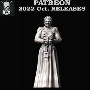 May include: A grayscale sculpture of a figure with a textured face and ornate clothing, holding a small box. The image includes the text "PATREON 2022 Oct. RELEASES" and a logo of a skull with a knife.