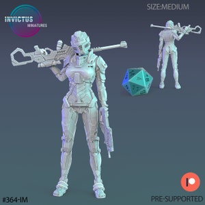 May include: A white 3D printed miniature of a female figure in futuristic armor holding a weapon. The figure is standing on a gray background with a blue and green dice in the background. The miniature is pre-supported and is labeled #364-IM.