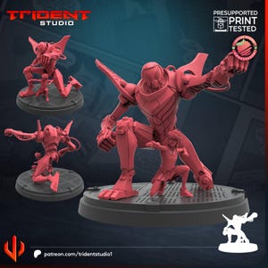 Może przedstawiać: Trzy trójwymiarowe wydrukowane miniatury robotów w różowym kolorze. Roboty są w różnych pozach, jeden klęczy z mniejszym robotem stojącym przed nim, drugi klęczy z ludzką postacią stojącą przed nim, a trzeci stoi z wyciągniętymi ramionami. Miniatury stoją na białej podstawie.
