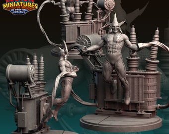 May include: A 3D printed miniature of a superhero figure standing on a transformer. The figure is grey and has a lightning bolt design. The transformer is also grey and has a detailed design. The figure is holding a lightning bolt in each hand. The miniature is part of a set of superhero figures.