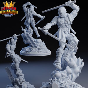 May include: A gray 3D printed figurine of Deadpool in a dynamic pose, holding two katanas. The figurine is standing on a base with a cloud of smoke effect. The figurine is part of a set of three, with the other two figurines visible in the background.