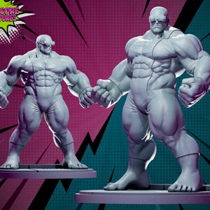 Pode incluir: Uma figura cinza musculosa com um terno branco e óculos de proteção está em pé sobre uma base circular. A figura tem um físico definido e uma expressão determinada. A figura é uma miniatura impressa em 3D.