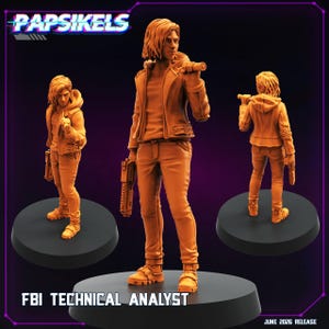 May include: A monochromatic orange miniature figurine of an FBI technical analyst standing on a black circular base. The figure wears a hooded jacket, pants, and boots, holding a firearm in one hand and a cylindrical object in the other.