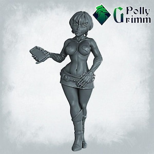 May include: A gray, detailed miniature figurine of a woman with short, spiky hair, wearing a short skirt and a futuristic-looking glove. She is holding a small, rectangular device in her hand.