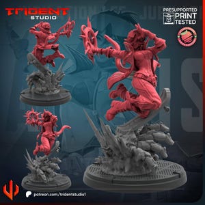 Puede incluir: Una figura miniatura de resina roja de un personaje en una pose de salto dinámica sobre un monopatín, montada sobre una base circular gris con escombros. La figura viste chaqueta y pantalones, sosteniendo un arma circular con púas.