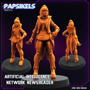 May include: A 3D printed miniature of a female character wearing a futuristic outfit. The character has a long, straight, blonde ponytail and is wearing a white and orange outfit with a long coat. The miniature is posed in a standing position with one hand on her hip and the other arm extended. The miniature is painted in a light orange color. The text "Artificial Intelligence Network Newsreader" is printed below the miniature.