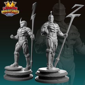 May include: Two gray 3D-printed figurines of armored figures, each holding a spear-like weapon. The figures stand on tiered circular bases. The Legion Miniatures logo is visible in the upper left corner.