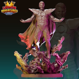 May include: A 3D printed miniature of a superhero standing on a fiery base. The figure is wearing a gold and red costume with a large circular symbol on the chest. The figure has a determined expression on its face.