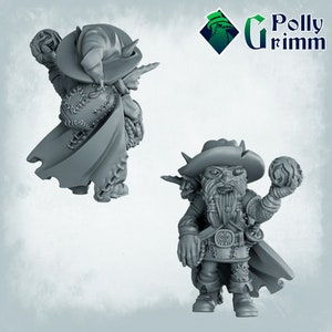 May include: A gray painted miniature figurine of a goblin wizard wearing a pointed hat and holding a glowing orb. The goblin has a long beard and is wearing a cloak and a belt with a buckle.