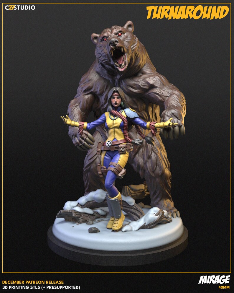 May include: A detailed 3D-printed figurine featuring a woman in a blue and yellow costume, standing in front of a large brown bear. The base is white with snow. The text "TURNAROUND" is at the top. The text "DECEMBER PATREON RELEASE 3D PRINTING STLS (+ PRESUPPORTED)" is at the bottom.