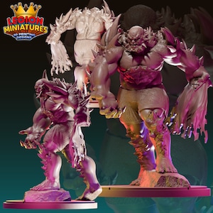 May include: Three 3D printed miniature figures of a monstrous creature with sharp claws, teeth, and spikes. The figures are painted in shades of gray and pink, and are posed in different dynamic stances.