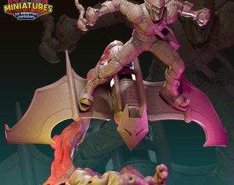 May include: A 3D printed figurine of the Green Goblin from Spider-Man, riding a glider with a flame effect. The figurine is painted in a light brown colour and has a detailed design.