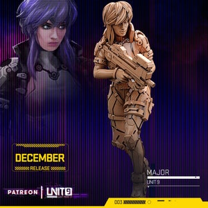May include: A 3D printed figurine of a female character in a futuristic military uniform, holding a large weapon. The figurine is painted in a light brown color. The background is a purple and black grid pattern. The text "MAJOR UNIT 9" is visible in the lower right corner of the image.