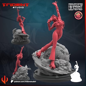 May include: A red 3D-printed figurine of a singer in a jumpsuit, roller skates, and holding a microphone, posed on a globe-shaped stage. The figurine is surrounded by clouds and the Trident Studio logo is visible. The words "Presupported Print Tested" are also visible.