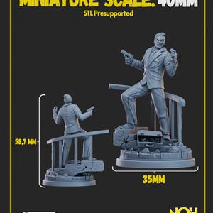 May include: A gray miniature figure of a man in a suit holding a gun, standing on a platform. The image includes the text "MINIATURE SCALE: 40MM" and "STL Presupported". The figure is 58.7 mm tall and the base is 35 mm wide. Available on Patreon.
