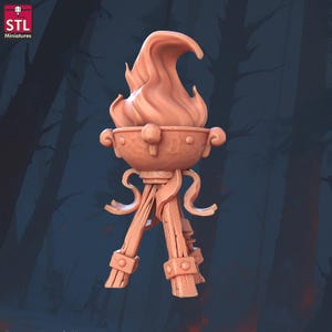 May include: A 3D-printed miniature torch in a light brown color. The torch features a bowl-shaped top with a flame design, supported by a tripod base. The text "STL Miniatures" is in the upper left corner.