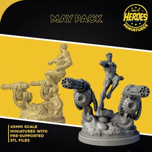 以下が含まれることがあります： Hall of Heroes Miniaturesの「May Pack」のプロモーション画像。未来的な武器とスーパーヒーローのようなキャラクターを持つ2つのミニチュアフィギュアが特徴です。ミニチュアは40mmスケールで、事前にサポートされたSTLファイルが付属しています。