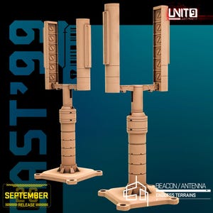 Op de afbeelding: Twee beige, 3D-geprinte bakenantennestructuren met vierkante voetstukken, cilindrische centrale kolommen en U-vormige toppen met verticale panelen met rasterpatronen. De tekst UNIT9, BLAST'99 en BEACON/ANTENNA ENDLESS TERRAINS is zichtbaar.