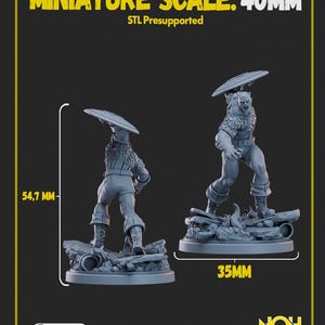 以下が含まれることがあります： 盾を持ったキャラクターの2つの灰色のミニチュアフィギュア。ベースに配置されています。「MINIATURE SCALE: 40MM」と「STL Presupported」の文字が上部にあります。ベースの幅は3.5cm、フィギュアの高さは5.47cmです。「AVAILABLE ON PATREON」の文字が下部にあります。