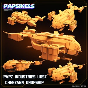 Peut inclure: Modèle imprimé en 3D d'un vaisseau spatial futuriste, le PAPZ INDUSTRIES U057 CHERYANN DROPSHIP. Le modèle est imprimé en couleur orange clair et est présenté sous plusieurs angles.