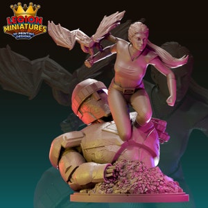 May include: A 3D printed miniature of a female figure with a feathered wing, standing on top of a fallen robot figure. The female figure is wearing a black and white outfit and has long hair. The robot figure is lying on its back with its arms outstretched. The miniature is painted in a light brown color.