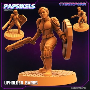 May include: A 3D printed miniature of a female cyberpunk character holding a gun and a shield. The character is wearing futuristic armor and has a determined expression. The miniature is painted in a brown color and is ready to be assembled and painted.