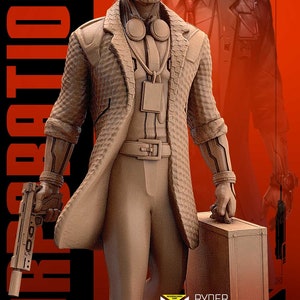 Könnte beinhalten: Eine 3D-gedruckte Figur eines Charakters, der eine braune Jacke, eine schwarze Hose und einen schwarzen Gürtel trägt. Der Charakter hält eine Pistole in der einen Hand und eine Aktentasche in der anderen. Der Charakter hat ein roboterhaftes Gesicht mit einer schwarzen Maske. Der Hintergrund ist rot mit schwarzen und weißen Streifen. Der Text "RYDER SECURITY OFFICER MICROMACHINES CORP." ist im Bild sichtbar.