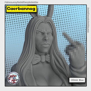 May include: A gray figurine of a woman with bunny ears, a bow tie, and an angry expression. The word "Caerbannog" is in a yellow box. The base size is 35mm.