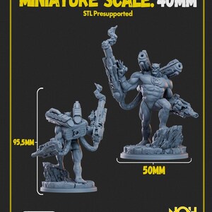 May include: Two gray miniature figures of a muscular humanoid with weapons, one standing and one in a crouching pose. The image includes text that reads "MINIATURE SCALE: 40MM" and "95.5mm" and "50mm". The figures are on a rocky base.