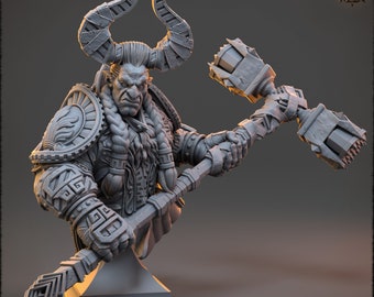 May include: A grey, detailed bust of a horned, bearded warrior holding a spiked mace. The warrior is wearing ornate armour and a long braid. The bust is on a square base with a decorative border.