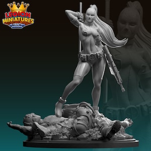 May include: A gray 3D printed figurine of a female superhero standing over a fallen male figure. The female figure is wearing a white and black suit with a mask and a ponytail. She is holding a sword in one hand and a gun in the other. The male figure is lying on his back with his arms outstretched.