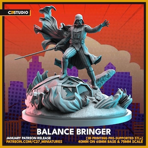 May include: A gray 3D printed miniature of Darth Vader standing on a broken piece of a spaceship. The miniature is 7.5 cm tall and is on a 6.5 cm base. The miniature is part of a set called "Balance Bringer".