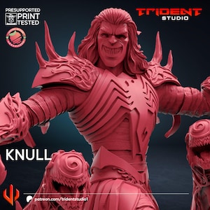 May include: A red 3D printed miniature of the Marvel Comics character, Knull, the King in Black. The figure is wearing a symbiote suit and has a menacing expression. The text "Knull" is visible in the image.