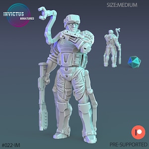 May include: A white 3D printed miniature of a futuristic soldier with a robotic arm, holding a large gun. The soldier is wearing a helmet and armor. The miniature is pre-supported and is part of the #022-IM collection.