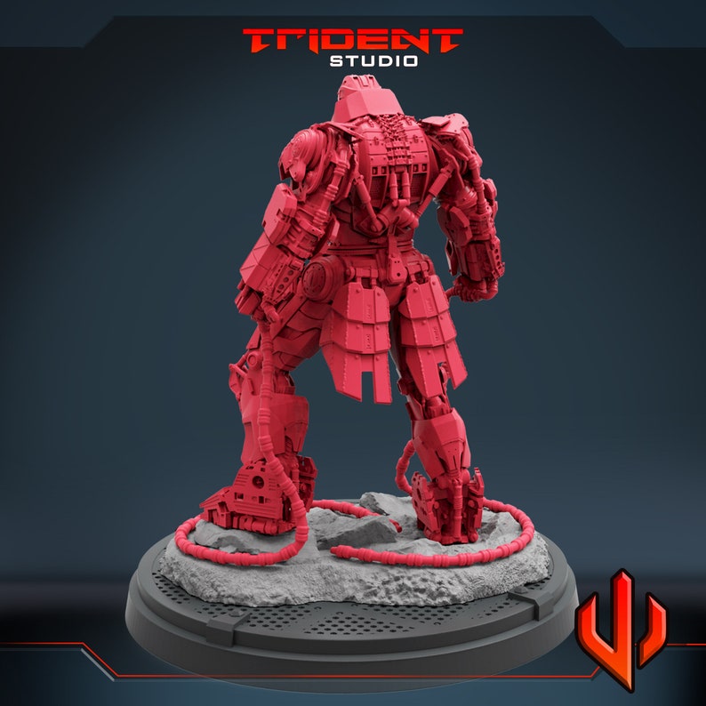 May include: A red 3D printed model of a robot with a samurai-inspired design. The robot is standing on a circular base with a textured surface. The robot has a detailed design with many intricate parts. The model is printed in a bright red color.
