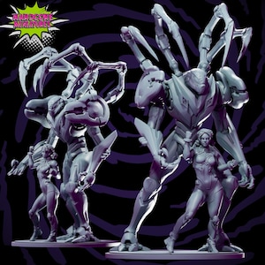 May include: Three gray 3D printed miniatures of a humanoid figure, a spider-like robot, and a robot with a humanoid head and spider-like legs. The figures are posed in a dynamic action stance. The miniatures are from Hardcore Miniatures.