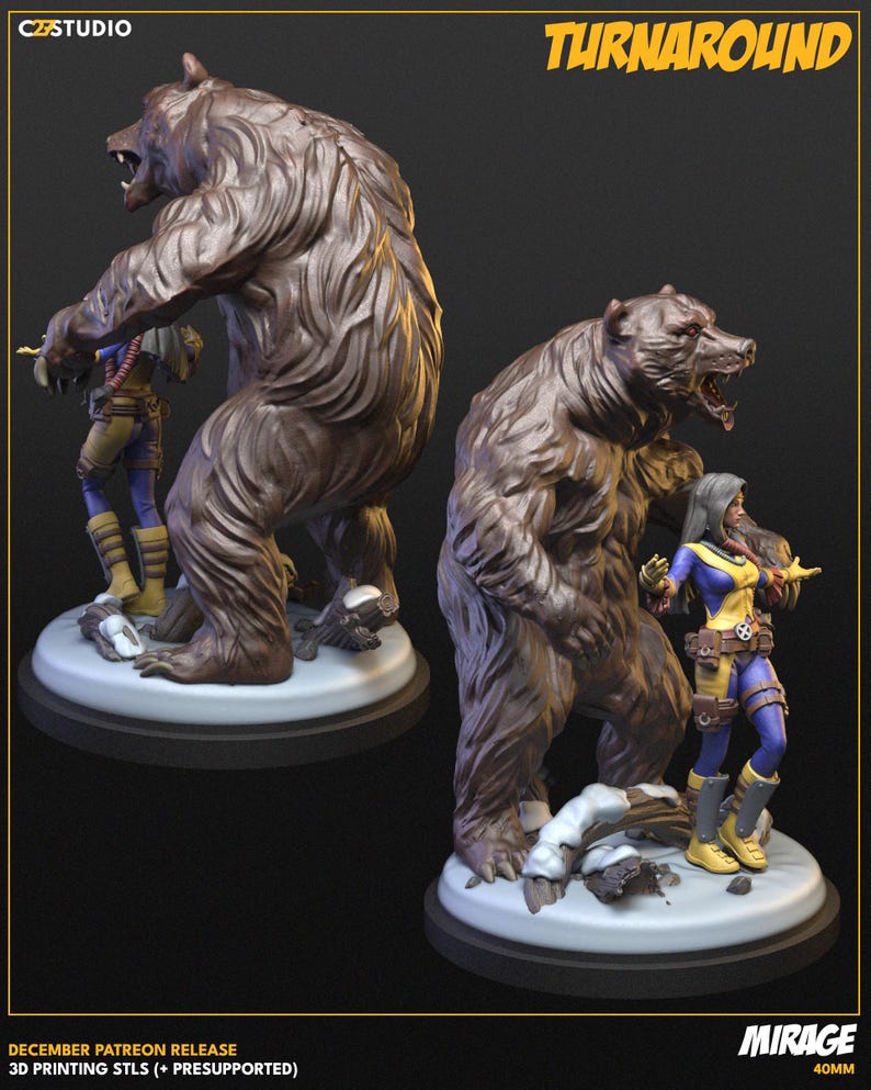 May include: A brown bear figurine with a detailed fur texture, standing next to a female character in a blue and yellow costume. The figurine is on a white base. The text "TURNAROUND" is at the top.