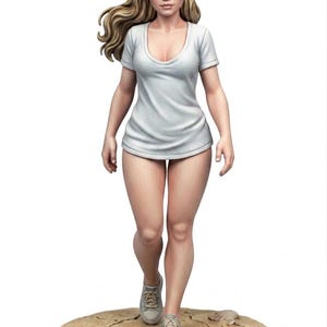 May include: A figurine of a person with long blonde hair wearing a white scoop-neck t-shirt and grey sneakers. The figure is standing on a circular base with a textured, cracked earth surface. The person has a neutral expression and is walking forward.