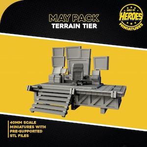 May include: A gray miniature terrain piece with multiple computer monitors, a chair, and a raised platform. The text "MAY PACK TERRAIN TIER" is displayed above the terrain. The text "40MM SCALE MINIATURES WITH PRE-SUPPORTED STL FILES" is displayed below.