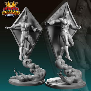 May include: Two gray superhero figurines, each posed with arms outstretched, mounted on a diamond-shaped backdrop. The figures are supported by a cloud-like base. The logo "LEGION MINIATURES 3D PRINTING DESIGNS" is visible.