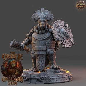 May include: A detailed gray miniature figure of a warrior, holding a spiked club and a shield with a skull emblem. The figure is adorned with intricate armor and a feathered headdress. The base features detailed carvings. The text "THE ORDER OF THE OBSIDIAN SUN" is visible.