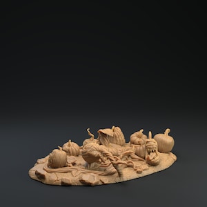 Könnte beinhalten: Eine detaillierte, handbemalte Miniatur-Szene, die einen Kürbisfeld mit einer monströsen Kürbis-Kreatur zeigt, die aus dem Boden wächst. Die Szene zeigt mehrere Kürbisse in verschiedenen Größen und Formen mit aufwendigen Details und realistischen Texturen.