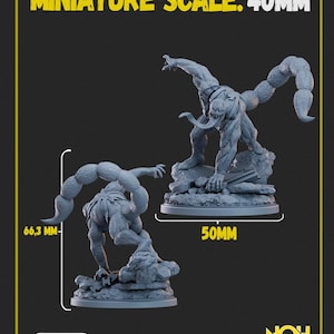 Puede incluir: Figura en miniatura gris de un monstruo con una larga cola segmentada y una expresión amenazante. La figura mide 50 mm de ancho y 6,63 cm de alto. El texto "MINIATURE SCALE: 40MM" está en la parte superior. Disponible en Patreon.