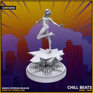 May include: A white 3D printed figurine of a woman with short hair, wearing a jacket and pants, standing on a geometric base. The base is on a circular platform with a textured surface. The text "CHILL BEATS 40MM + 75MM" is printed below the base.