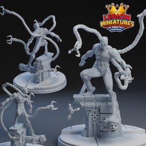 May include: A 3D printed miniature of the Marvel Comics character Doctor Octopus, also known as Doc Ock. The figure is posed in a dynamic action stance with four mechanical tentacles. The figure is printed in a light gray color and is standing on a base with a stone texture.