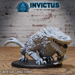 May include: A gray, detailed miniature of a snarling, spiky creature with large eyes. The miniature is posed on a black base and is labeled "#655". The base size is "LARGE (51MM)".